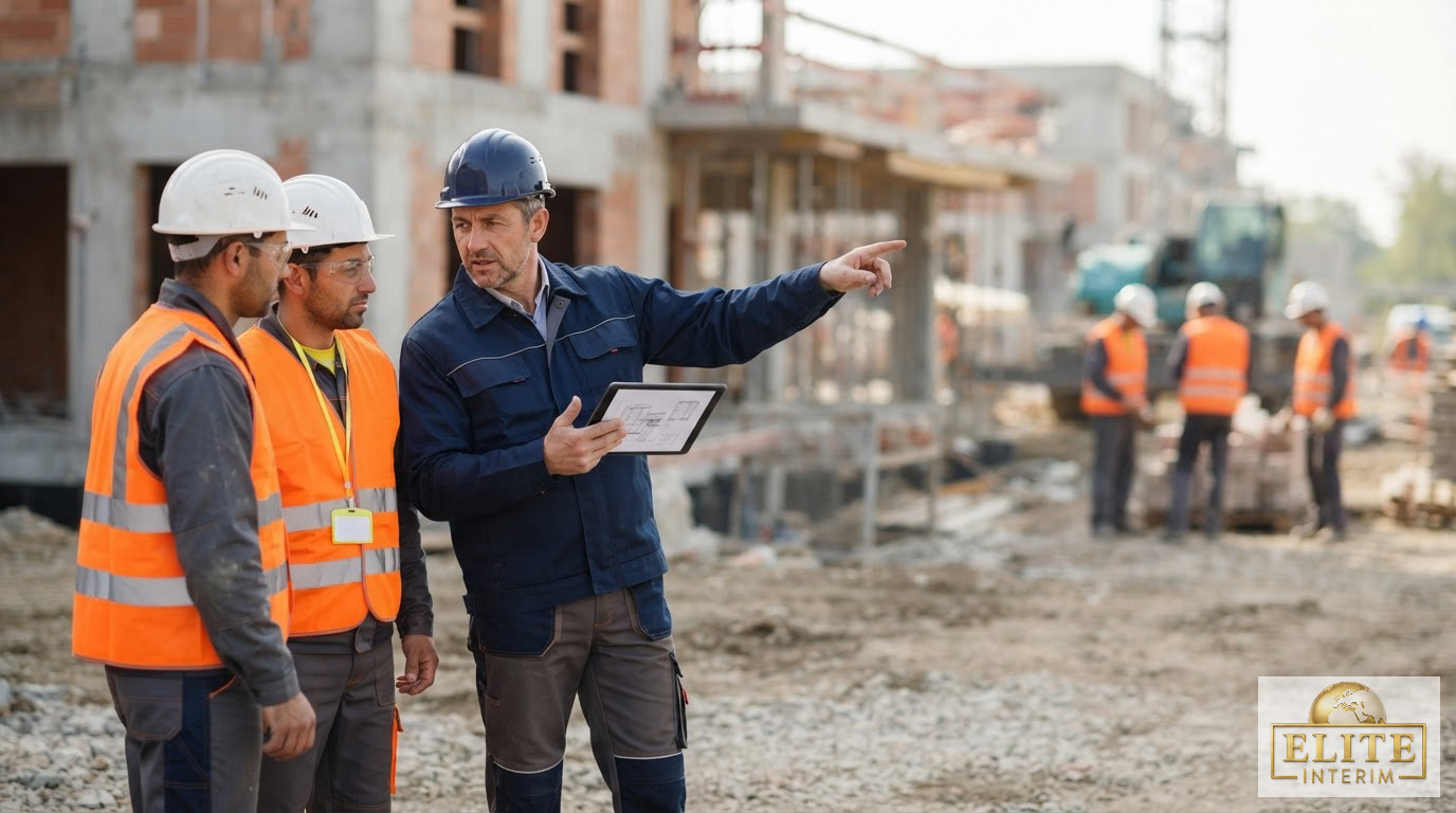 Un chef de chantier expliquant des consignes de sécurité à des ouvriers.