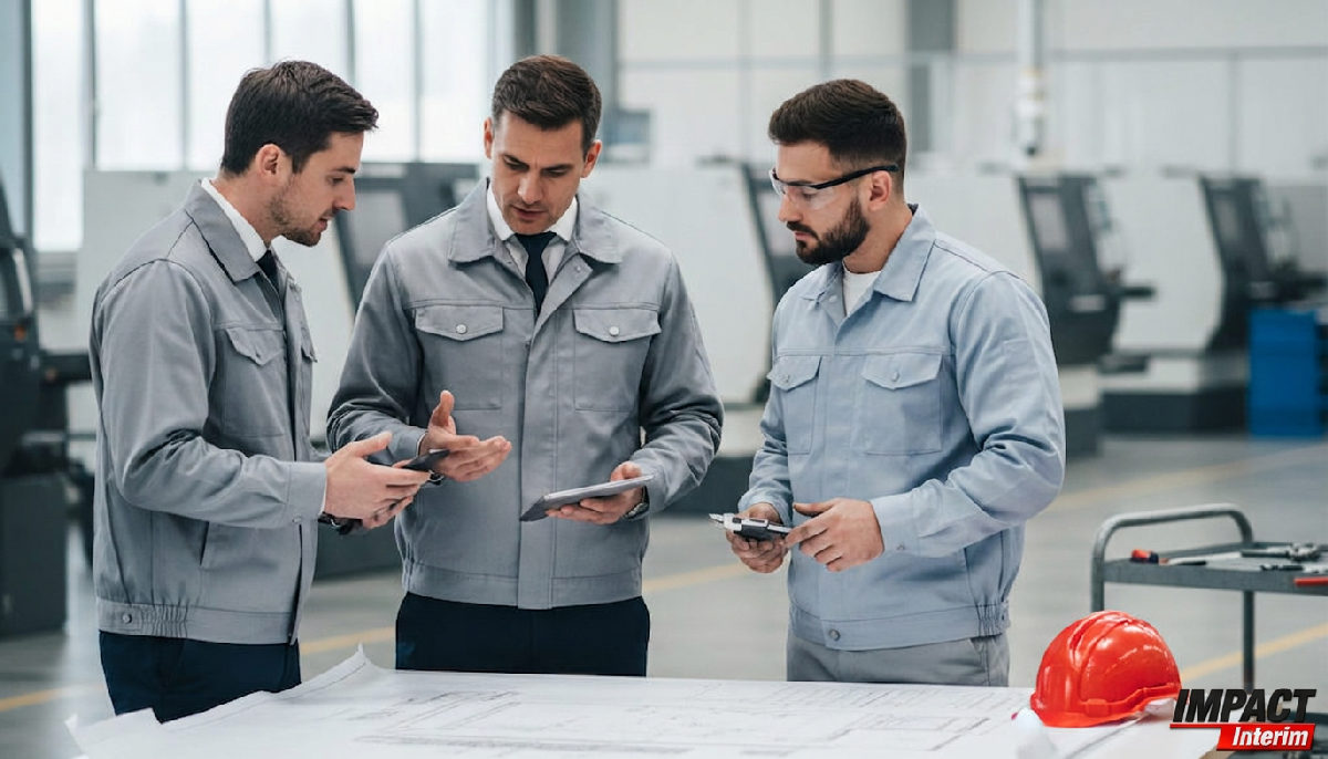 Responsables d'usine et technicien roumain discutent des plans.