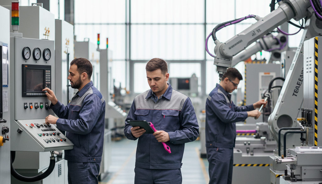 Techniciens roumains en usine française : fiabilité et expertise technique.