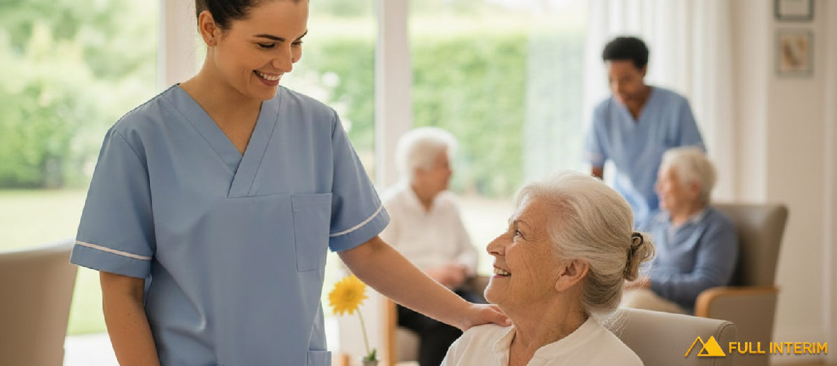 Une infirmière roumaine souriante avec un patient âgé en France.
