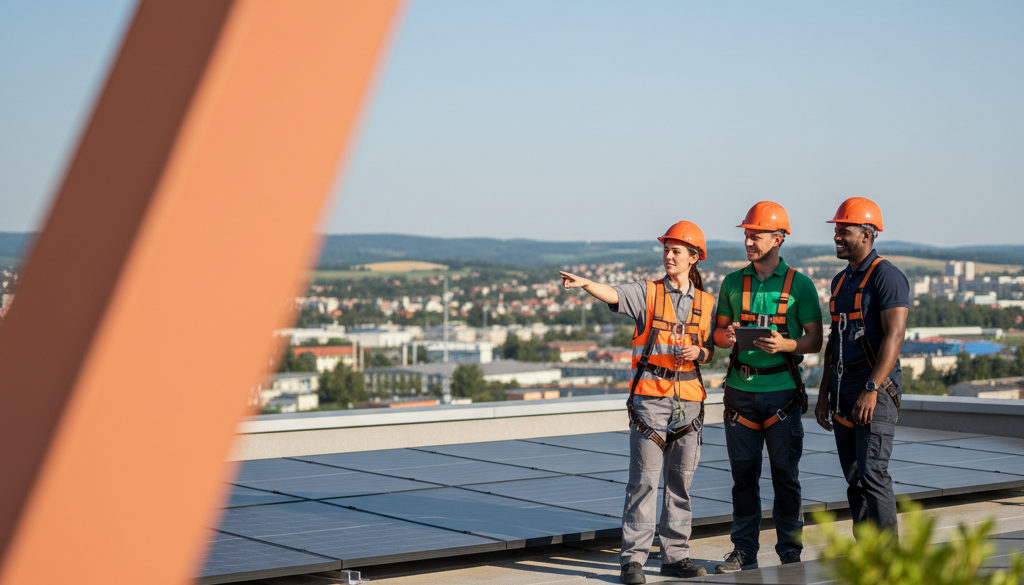 Detailní pohled na moderní solární panely s logem Nelumbo, práce v nelumbo benefity.