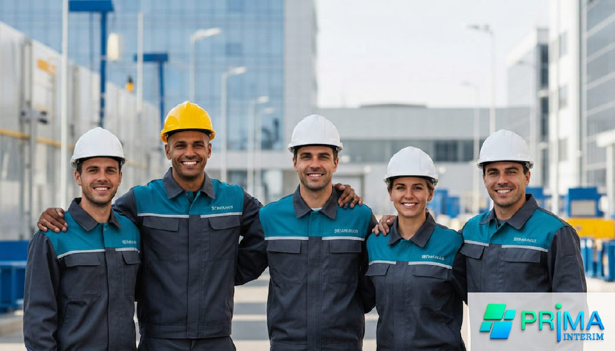 Équipe Prima Interim souriante sur site industriel moderne.