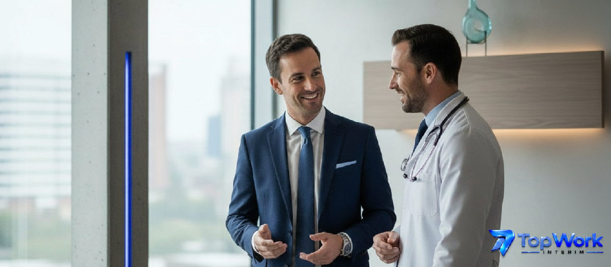 Médecin et recruteur discutent dans un bureau moderne, symbolisant l'accompagnement professionnel.