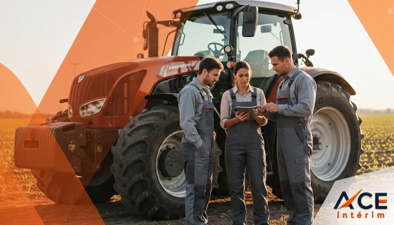 Agriculteurs discutant de logistique près d'un tracteur.