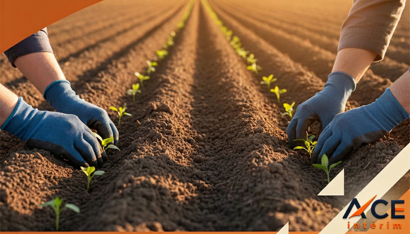 Mains plantant avec soin des jeunes plants dans des rangées.
