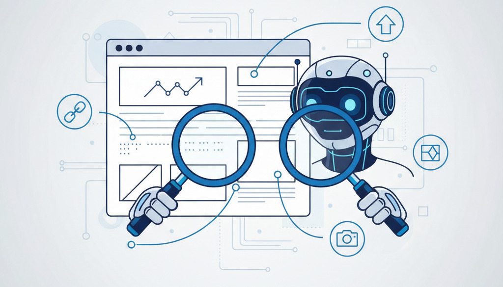 AI bot analyzes webpage elements for SEO optimization.