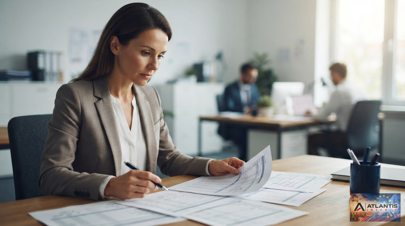 Un gestionnaire analysant des grilles salariales pour des travailleurs roumains.