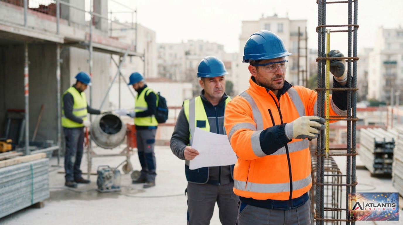 Travailleurs roumains sur un chantier français respectant les normes de sécurité.