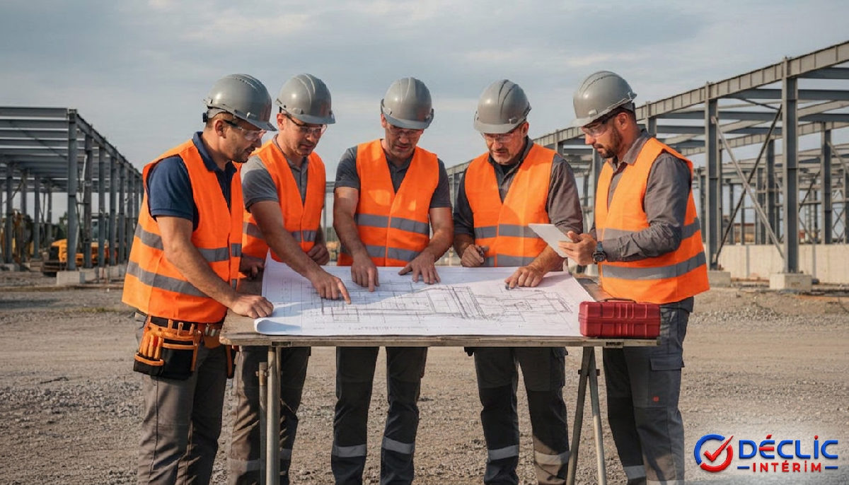 Techniciens roumains examinant un plan sur un site de construction.