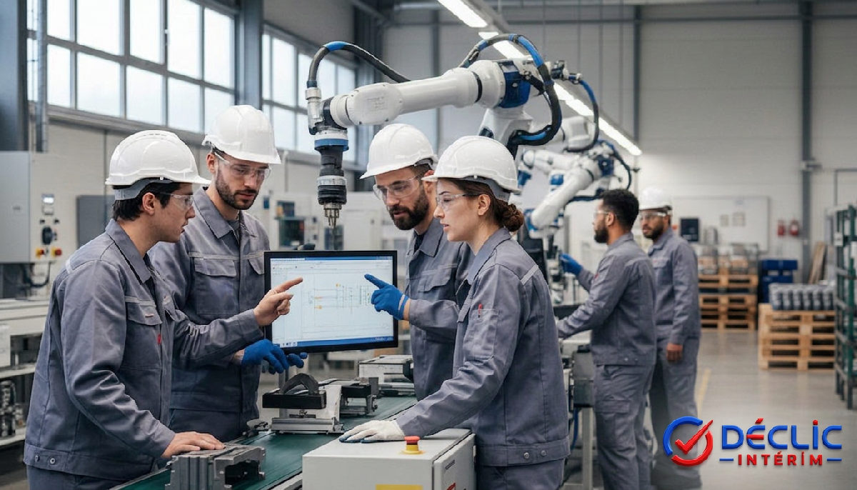 Ouvriers français et roumains collaborant sur une ligne de production.
