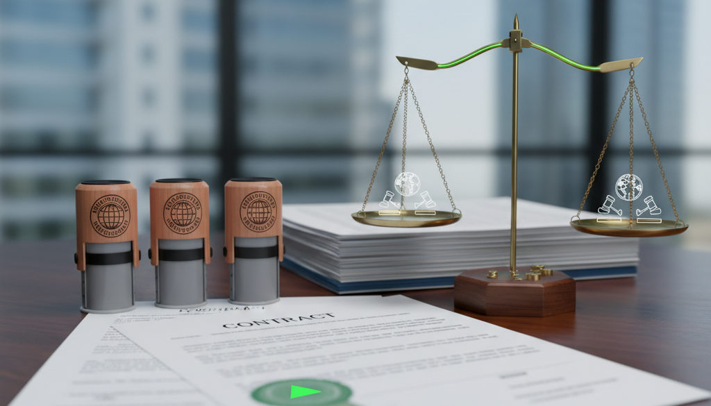 Infographie sur la conformité internationale : documents, sceaux et justice.