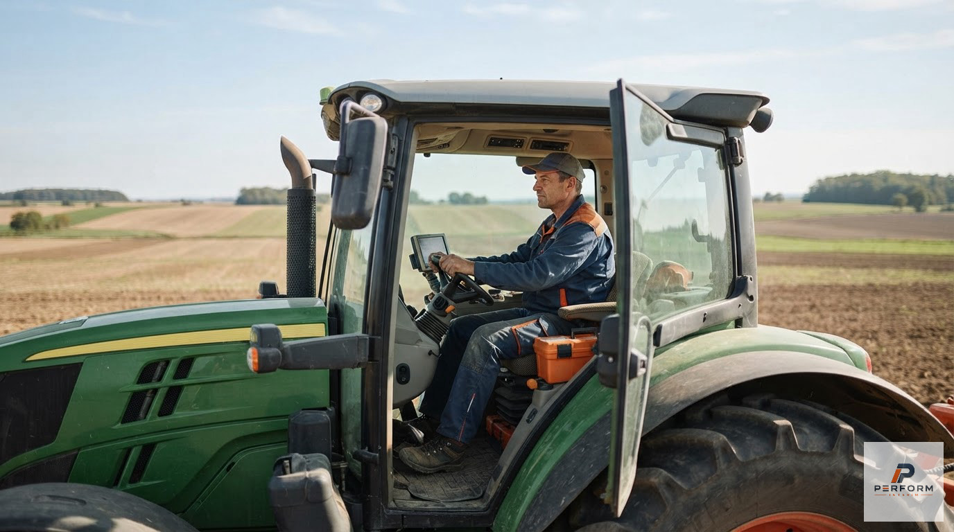 Un ouvrier agricole conduisant un tracteur moderne dans un champ.