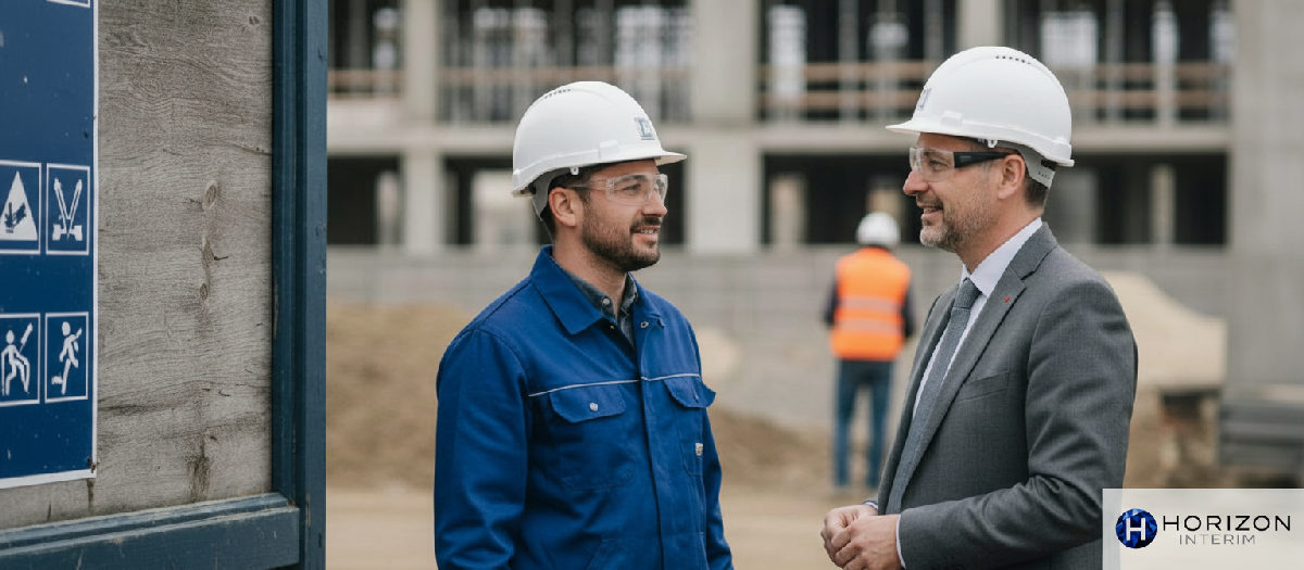 Inspecteur du travail et chef de chantier discutant.