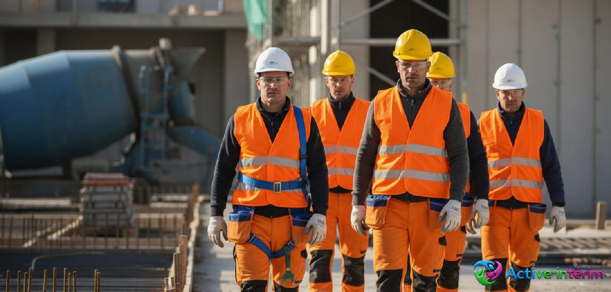 Ouvriers roumains équipés sur un chantier français.