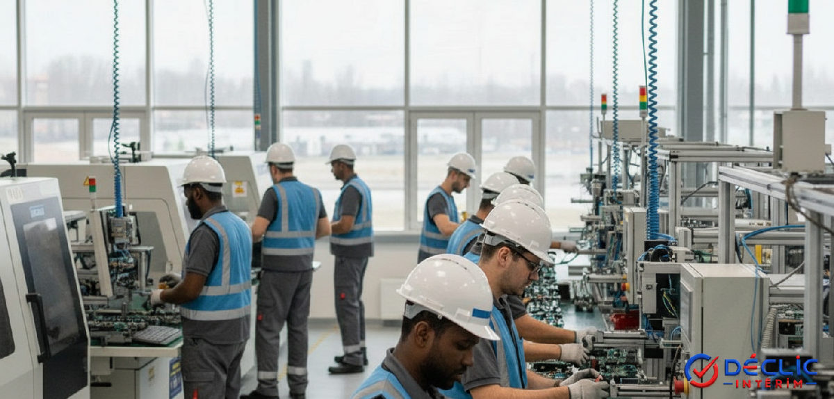 Travailleurs intérimaires roumains dans une usine high-tech, productivité et harmonie.