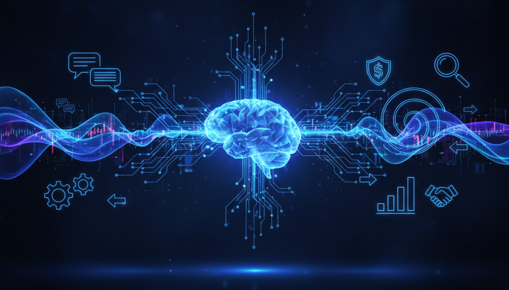 AI neural network and business icons symbolizing keyword research.