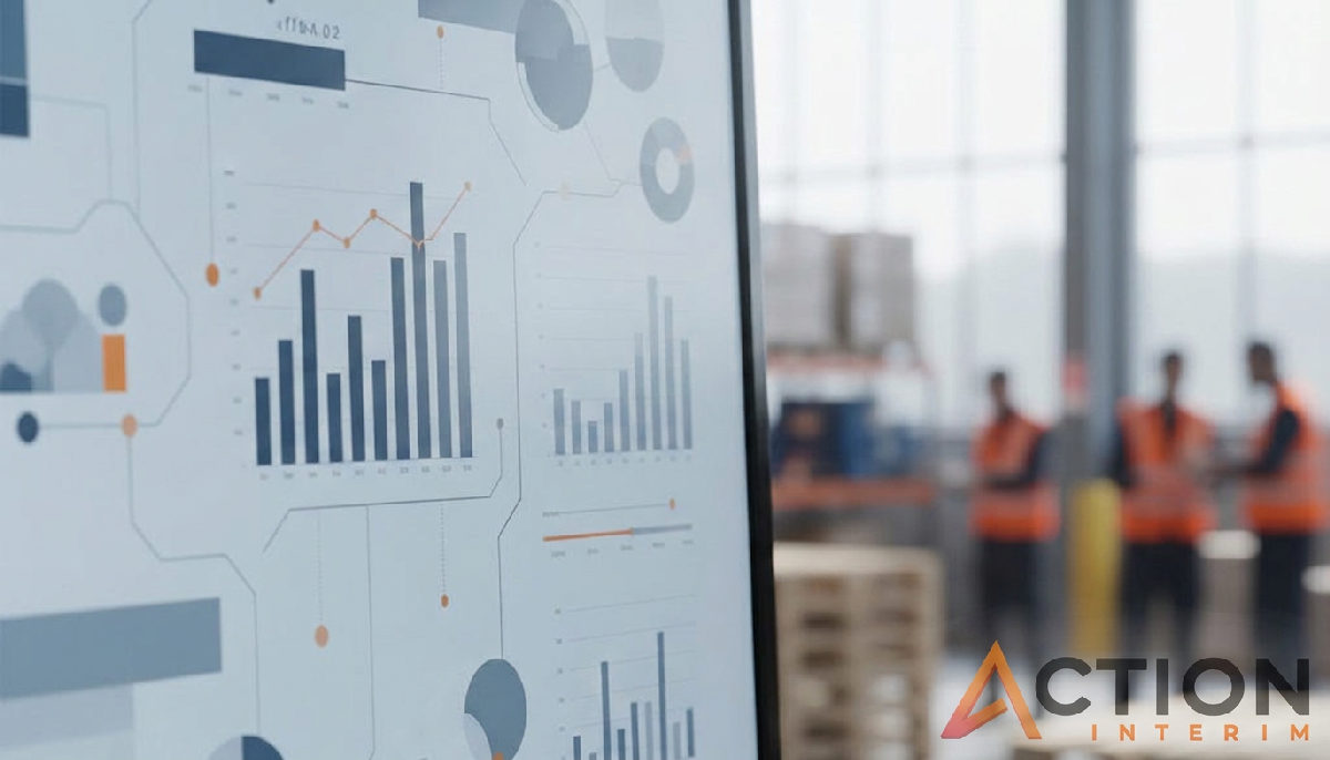 Tableau de bord logistique montrant l'efficacité avec des employés en arrière-plan.