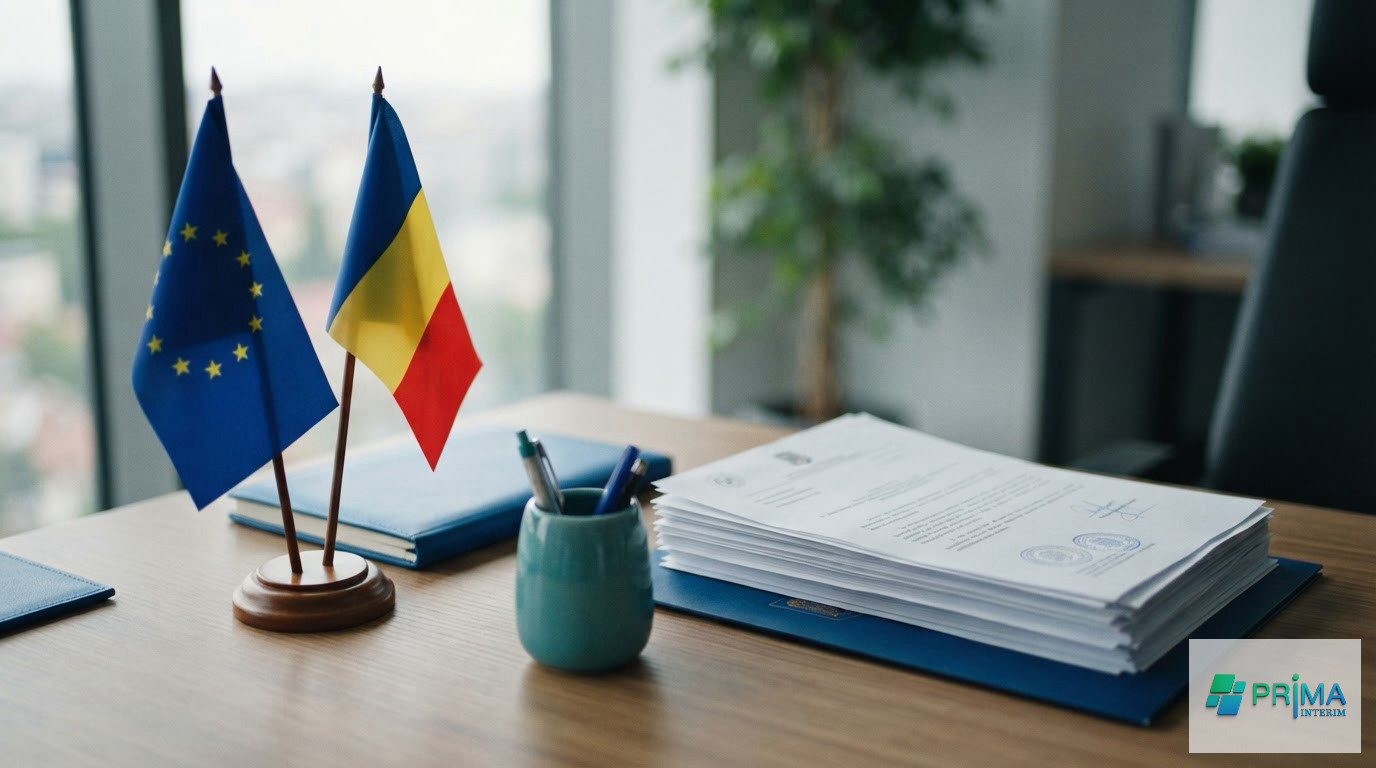 Drapeaux de l'UE et de la Roumanie illustrant le cadre juridique européen.