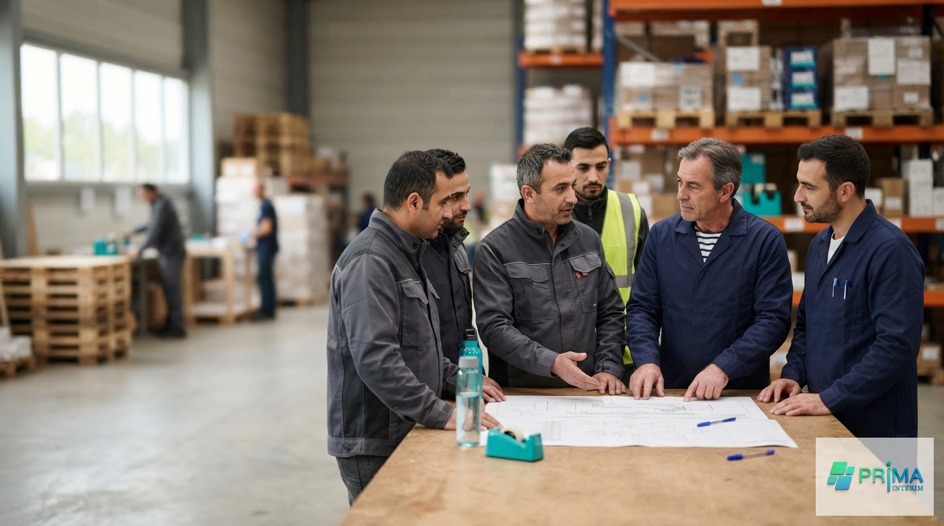 Travailleurs roumains et managers français échangeant autour d'un plan logistique.