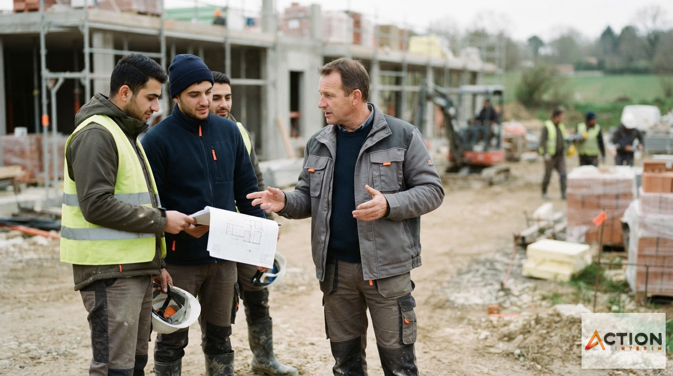 Un responsable accueillant des intérimaires roumains sur un chantier en France.