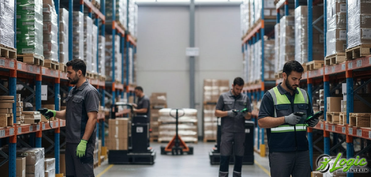 Entrepôt logistique avec préparateurs de commandes et technologie de scan.