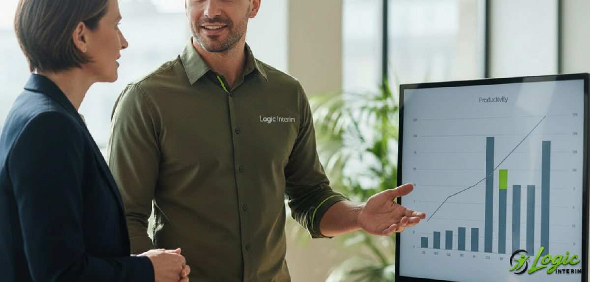 Consultant en discussion avec un chef d'entreprise devant des graphiques.