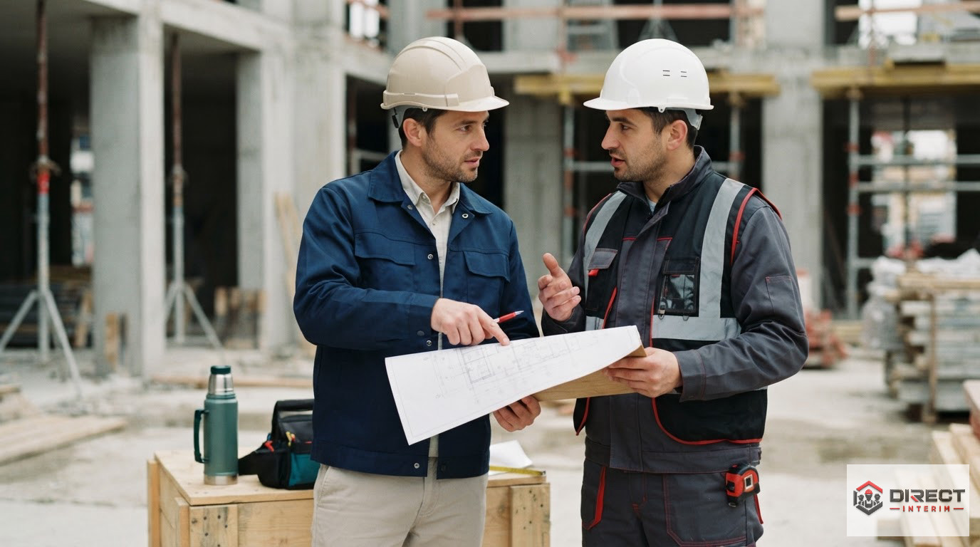 Deux professionnels du BTP échangeant des documents sur un plan de chantier.