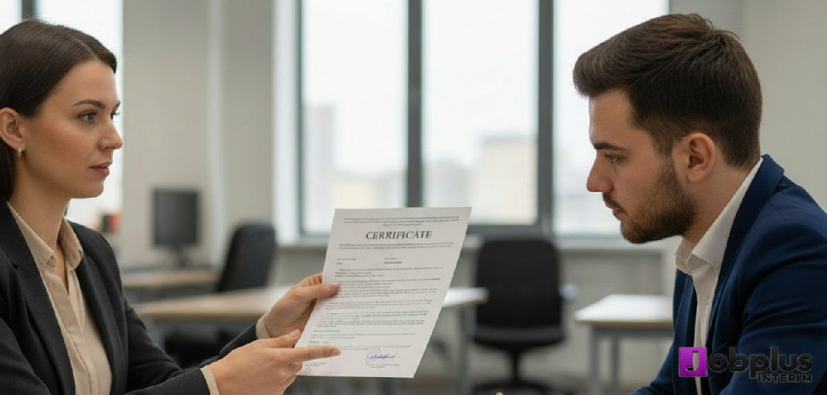 Un recruteur examine les diplômes d'un candidat roumain.