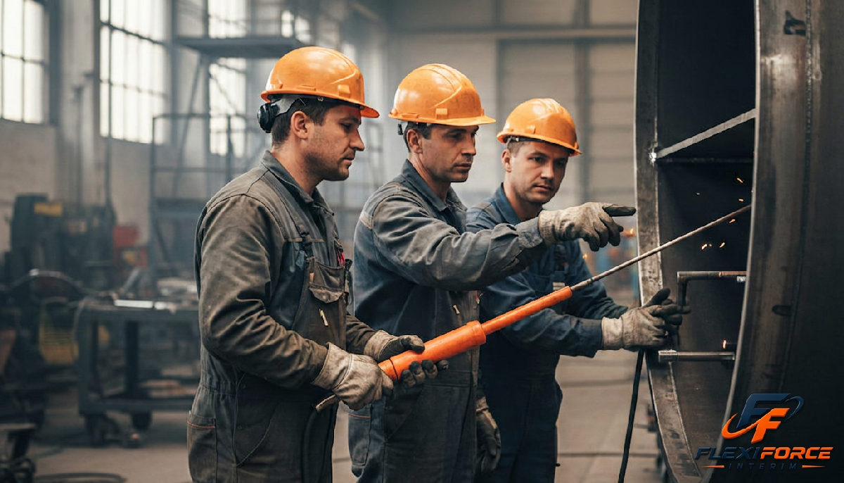 Des ouvriers spécialisés vérifient des structures métalliques.