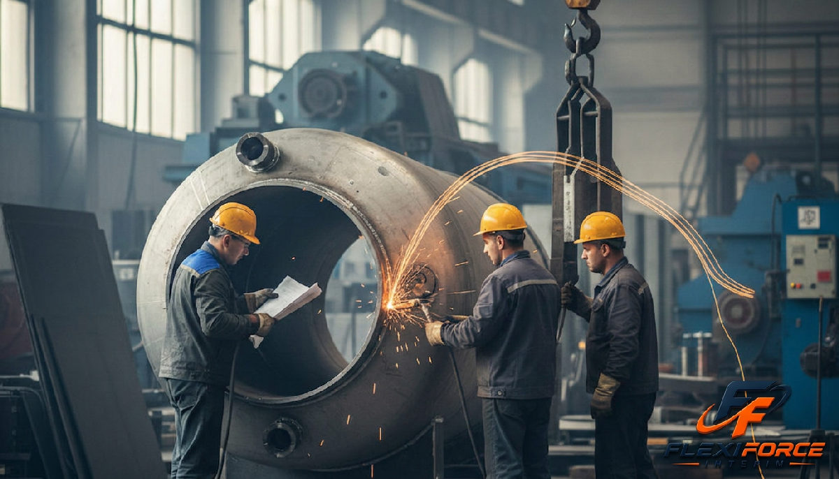 Équipe de chaudronniers en action dans une usine.