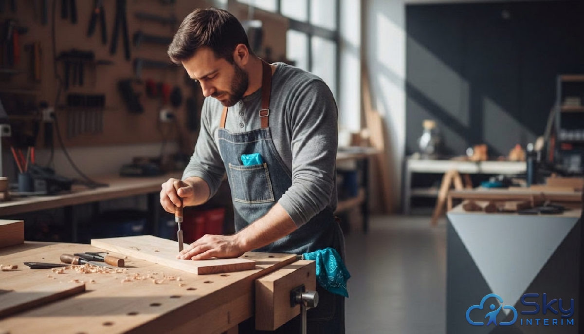 détachement menuisiers roumains - Menuisier roumain qualifié travaillant dans un atelier moderne.