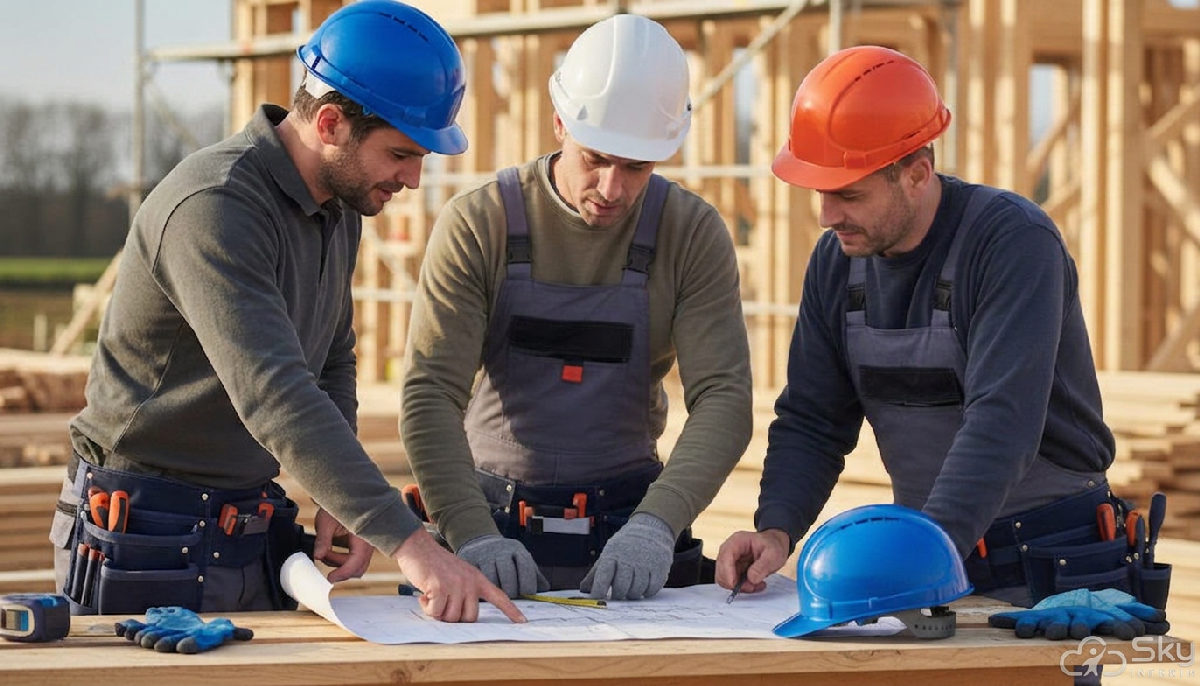 Équipe de menuisiers roumains sur un chantier en France, lisant un plan.