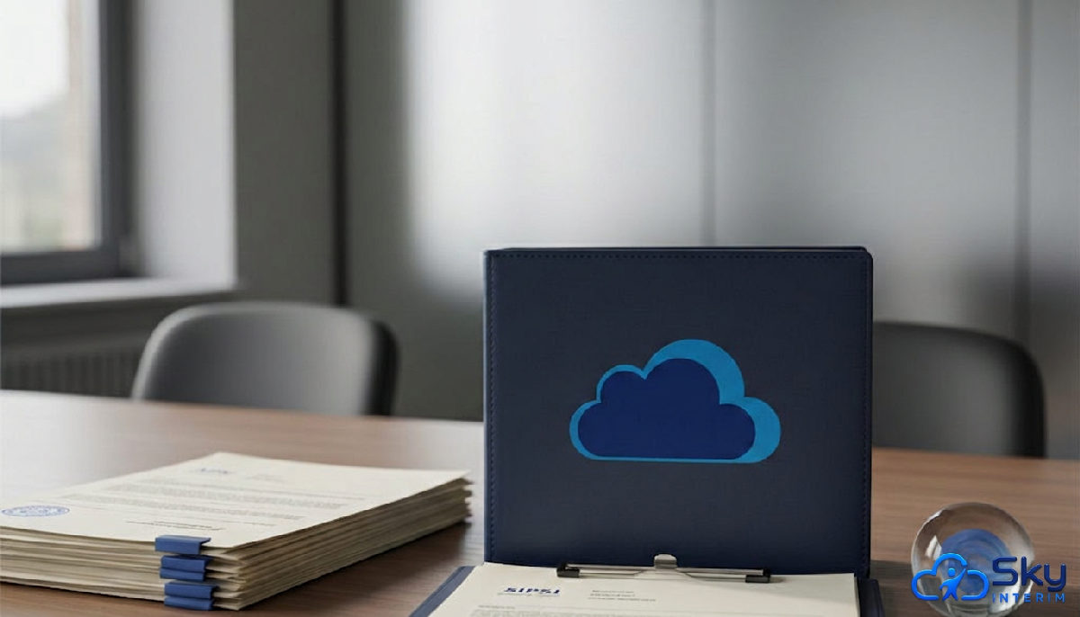 Bureau avec documents de conformité et logo Sky Interim.