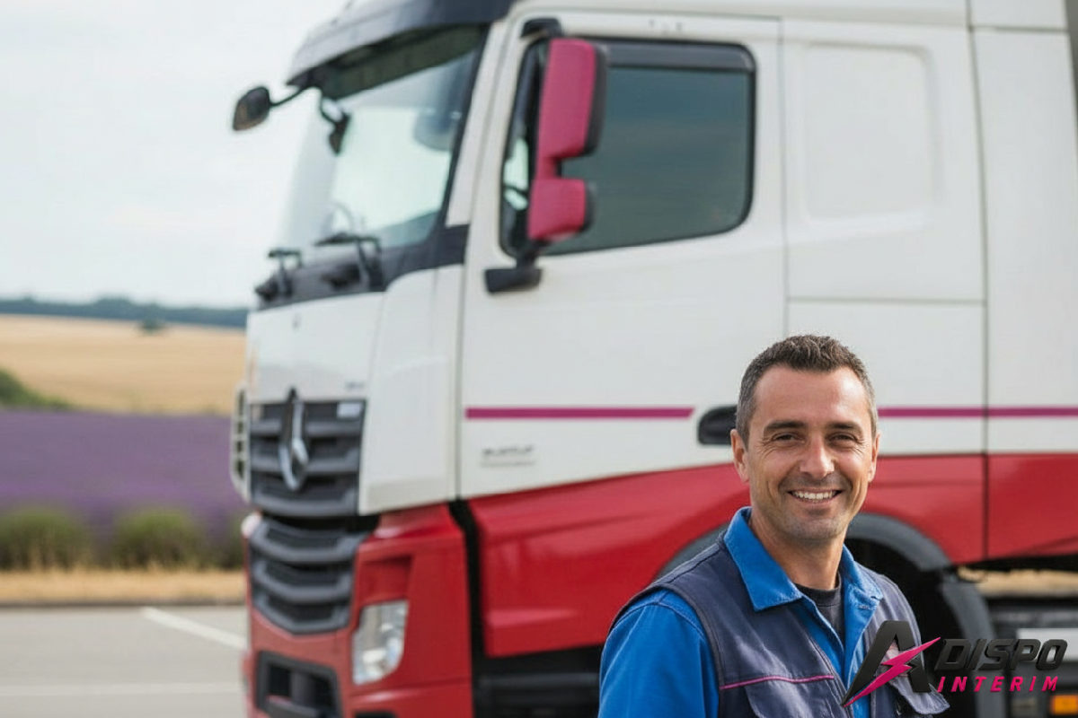 Chauffeur routier roumain souriant devant son camion en France.