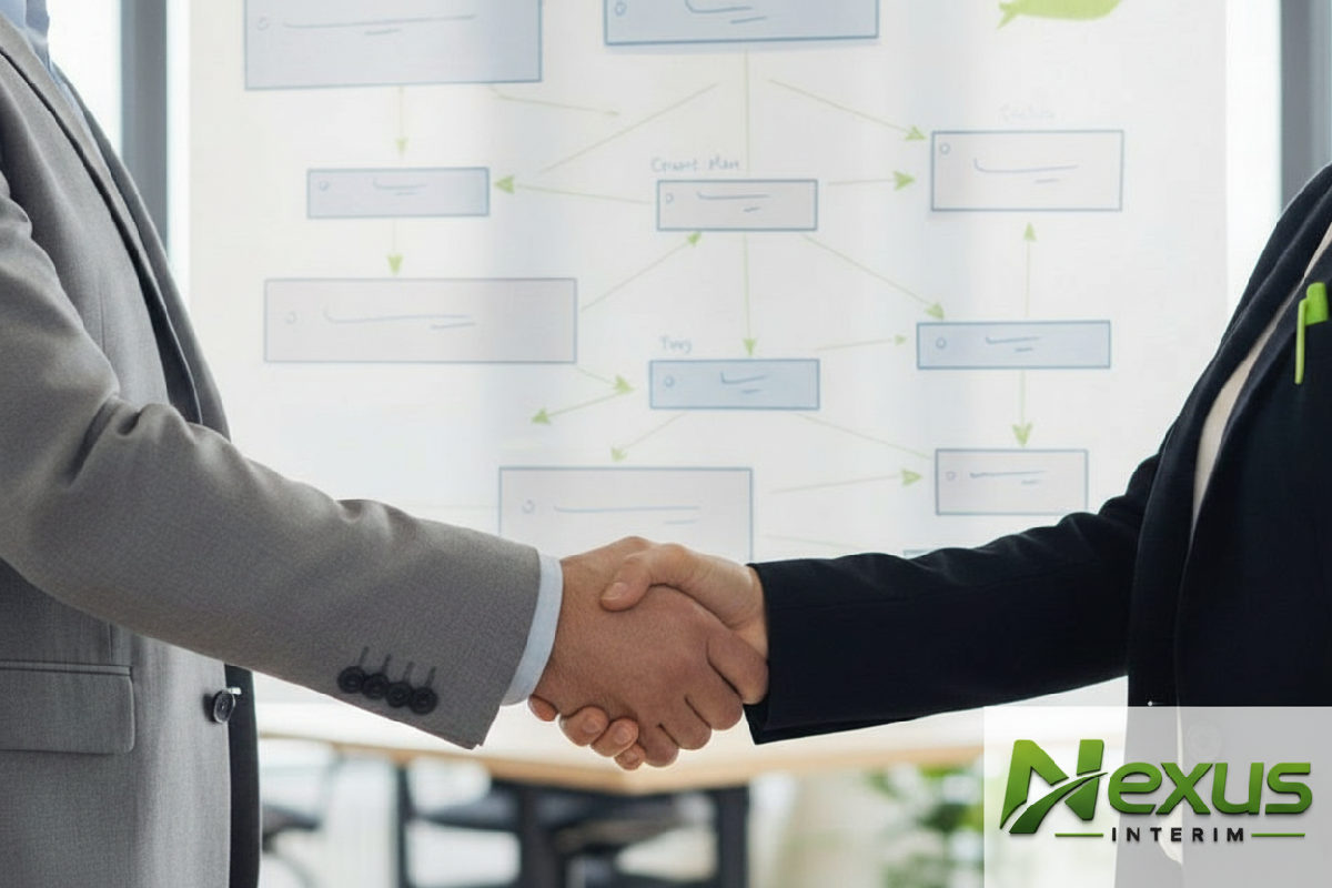 Manager et consultant en recrutement scellant un accord devant un plan de projet.