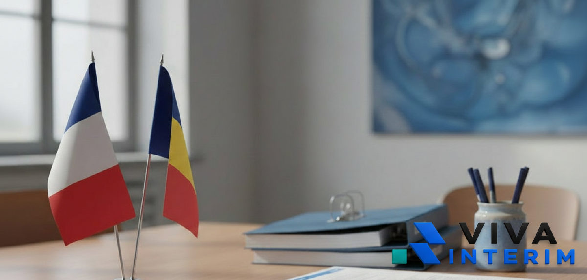 Documents administratifs et drapeaux France-Roumanie symbolisant la légalité.