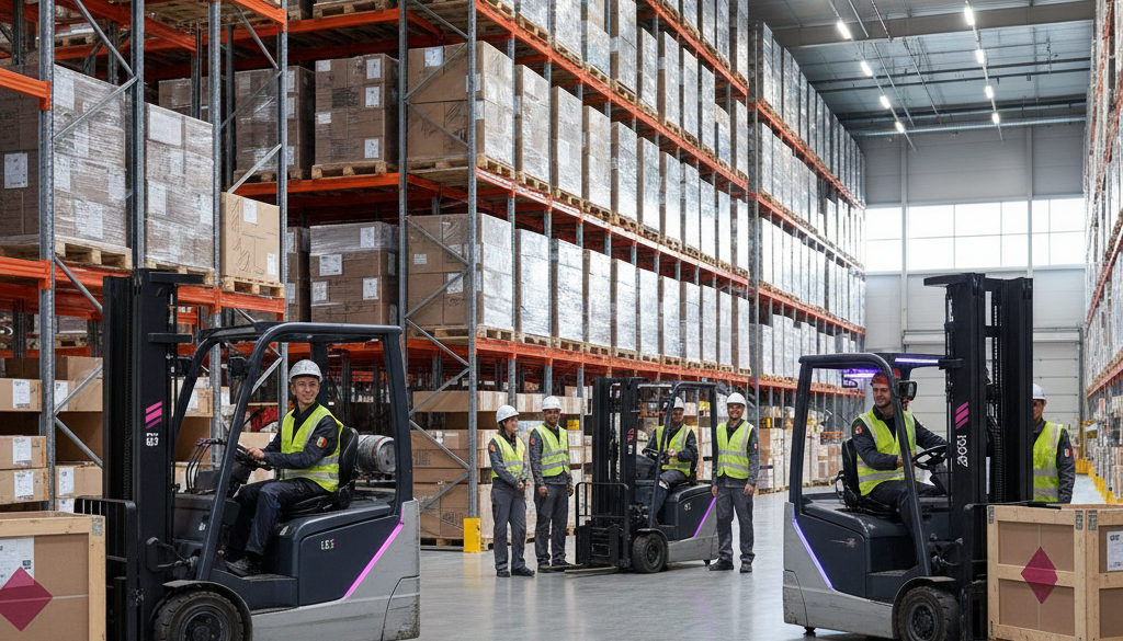 Opérateurs de chariots élévateurs roumains travaillant dans un entrepôt logistique.