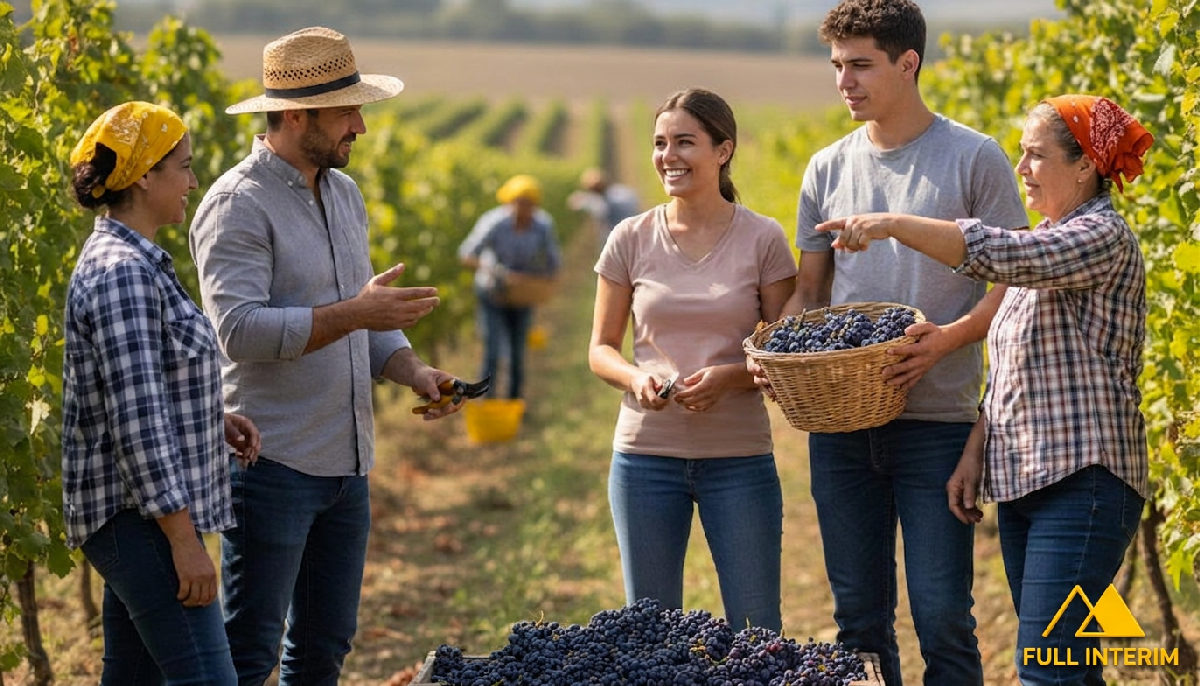 Équipe d'ouvriers agricoles collaborant dans un vignoble.