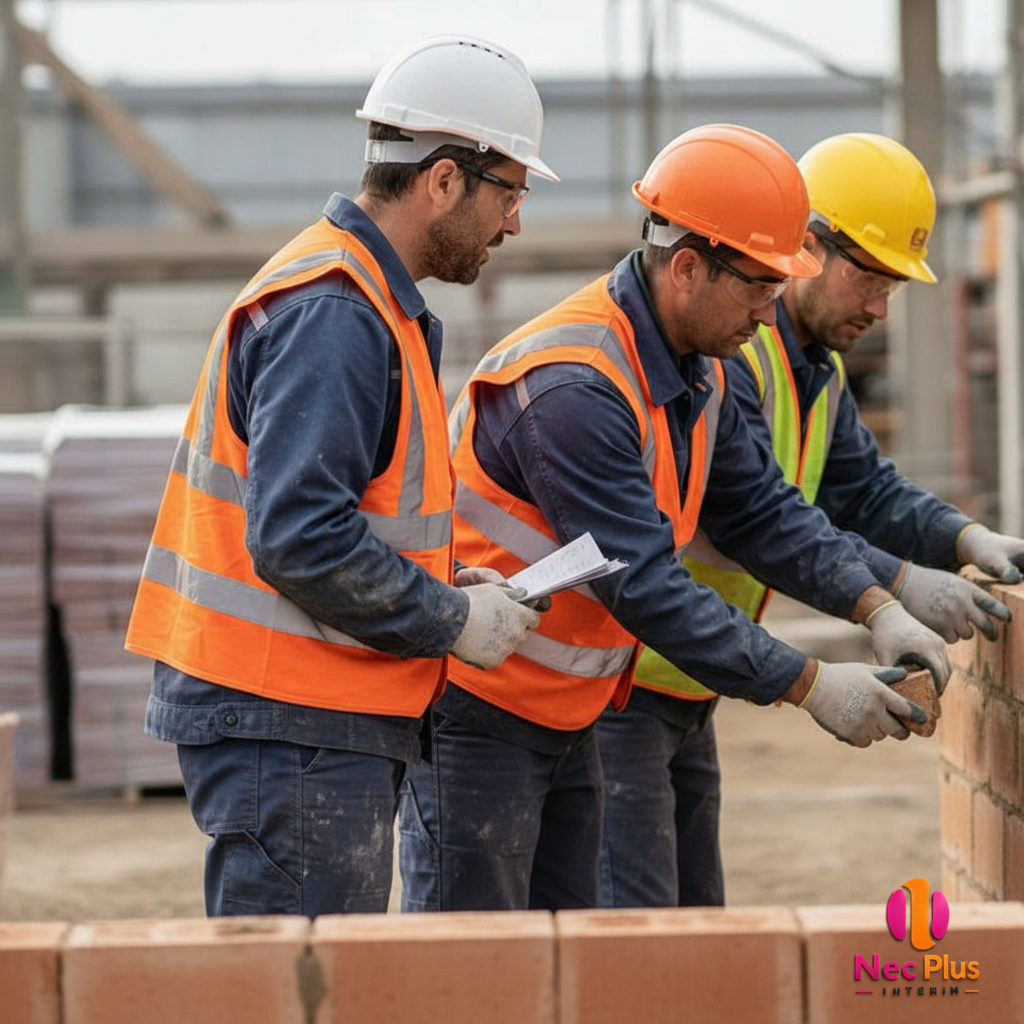 Maçons roumains supervisés par un conducteur de travaux français sur un mur.