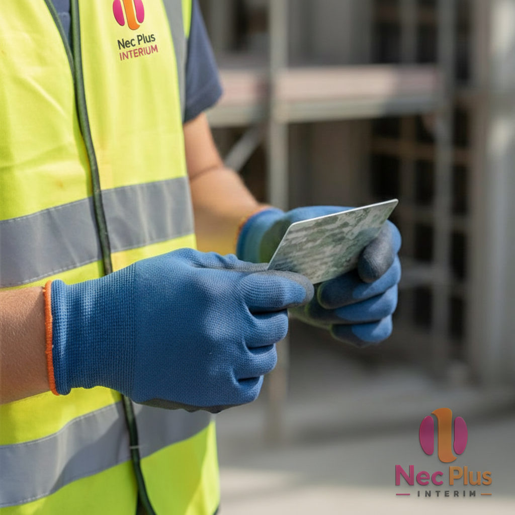 Carte BTP tenue par un maçon sur un chantier.