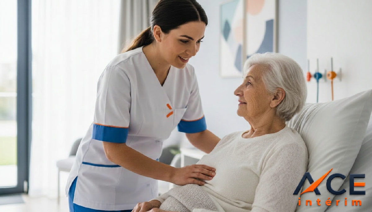 Infirmière roumaine souriante aidant un patient âgé en France.