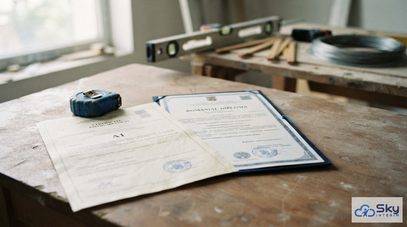 Gros plan sur un certificat A1 et des outils de mesure de construction.