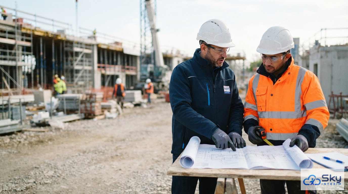 Un chef de chantier discutant de plans techniques avec un ouvrier sur site.