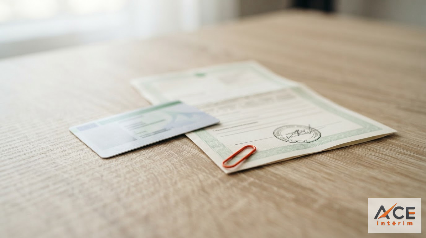 Carte BTP et certificat A1 sur un bureau pour le détachement.
