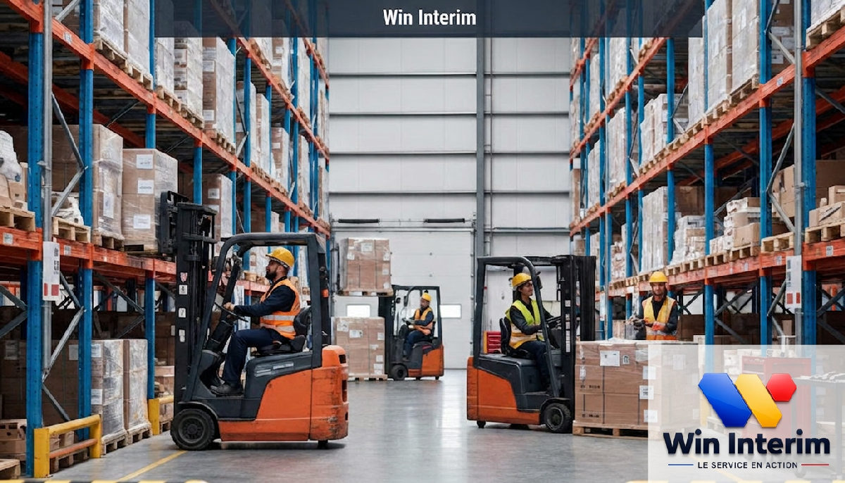 Entrepôt logistique, employés manœuvrant des chariots élévateurs.