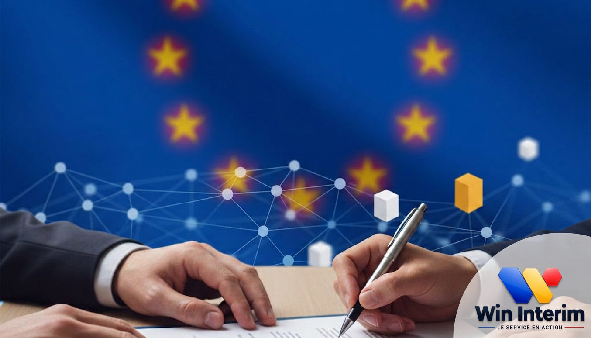 Mains signant un contrat de travail, drapeau européen en arrière-plan.