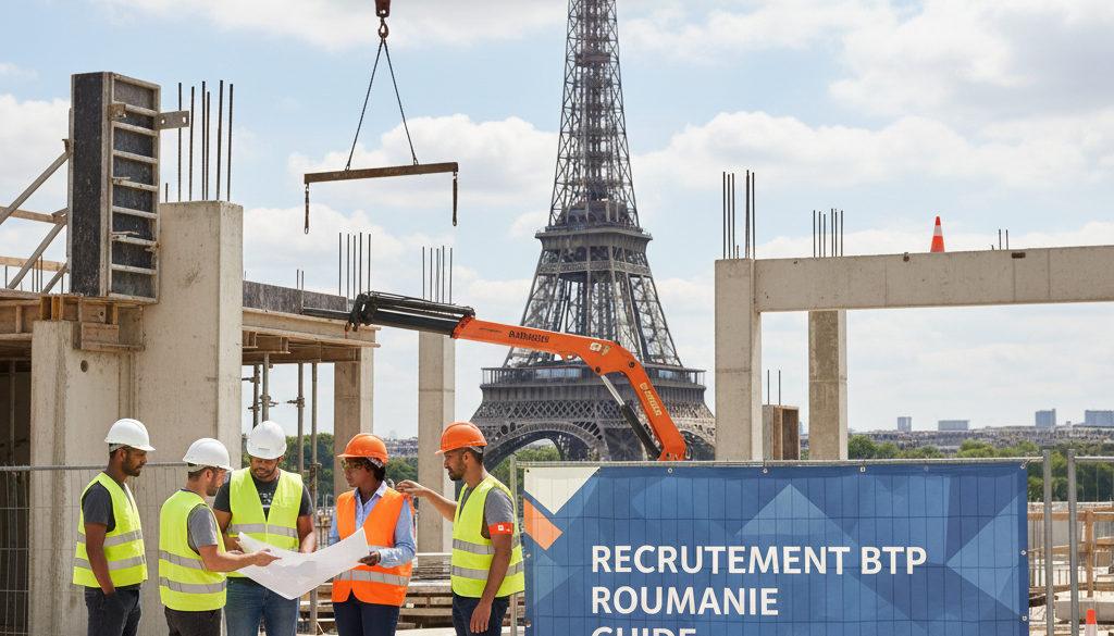 recrutement BTP Roumanie guide - Chantier de construction en France avec des travailleurs diversifiés.