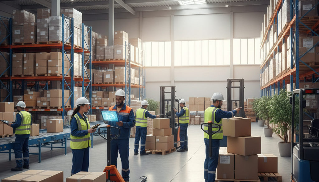 main-d'œuvre roumaine logistique – Entrepôt logistique moderne avec travailleurs roumains utilisant des terminaux.
