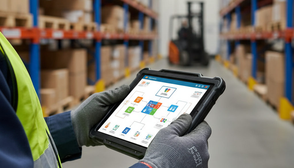 Opérateur roumain utilisant une tablette tactile pour la gestion d'entrepôt.