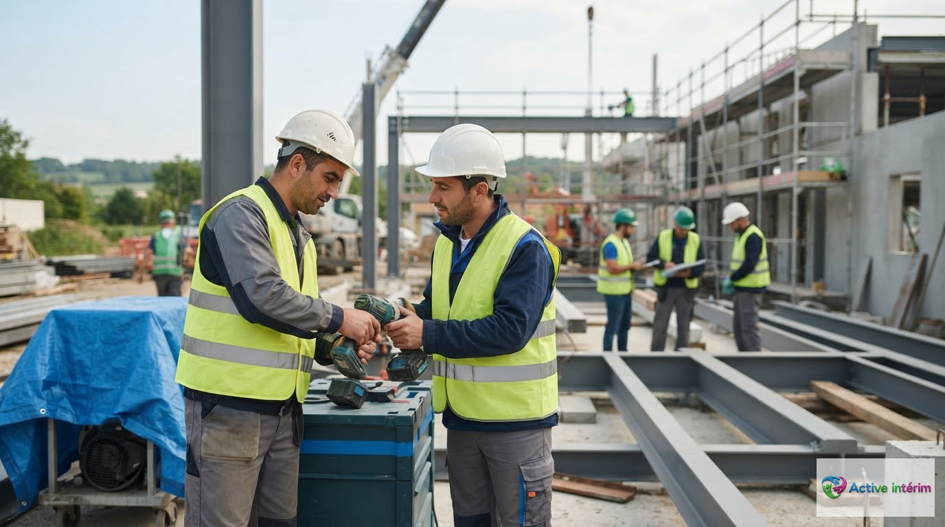 Travailleurs qualifiés collaborant sur un chantier industriel en France.